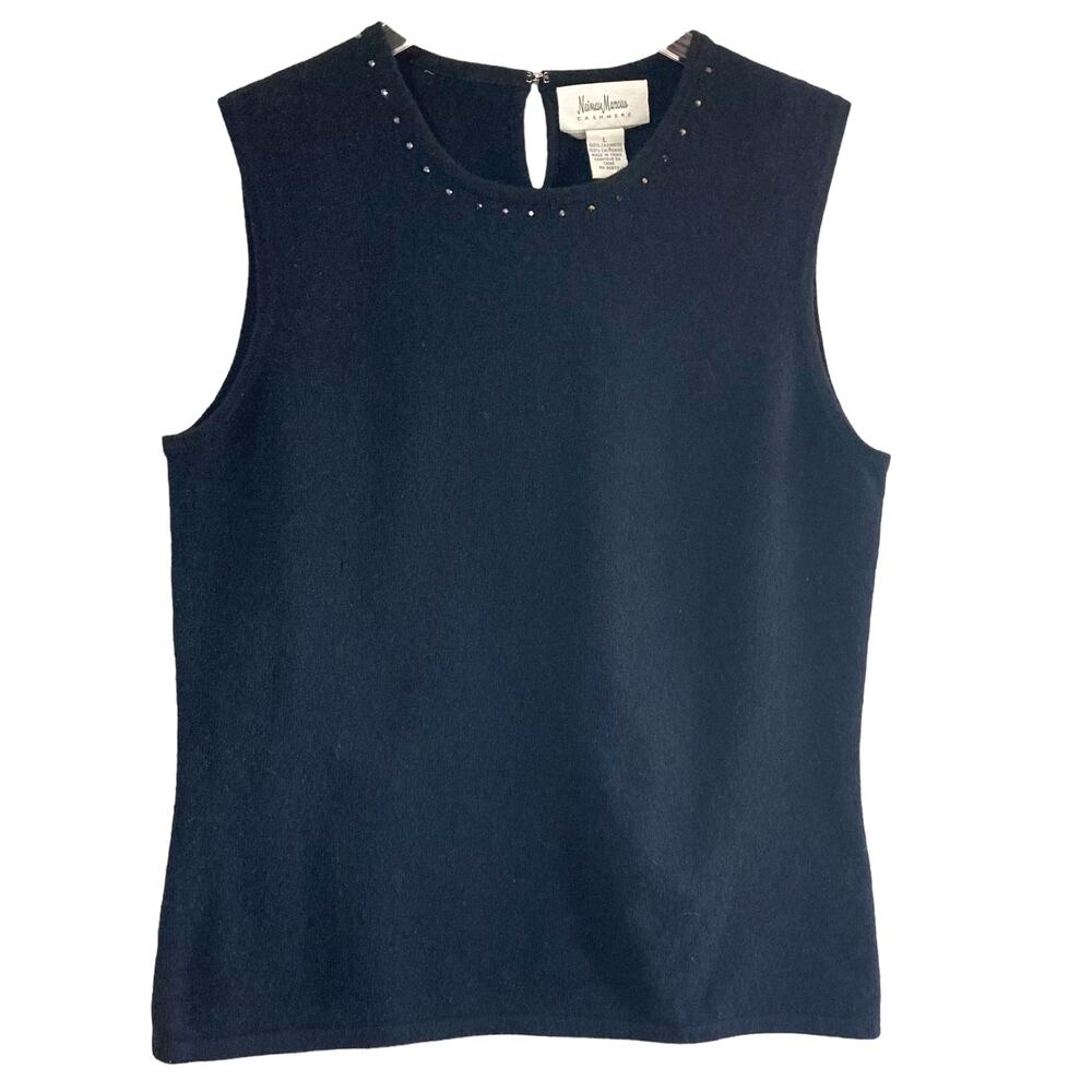 Neiman Marcus Black Cashmere Sleeveless Sweater Rhinestones Sz Large Career Wear